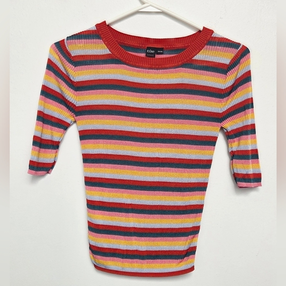 ICONE Multicolor Striped Knit Short Sleeve Sz XS Stretchy Layering Top